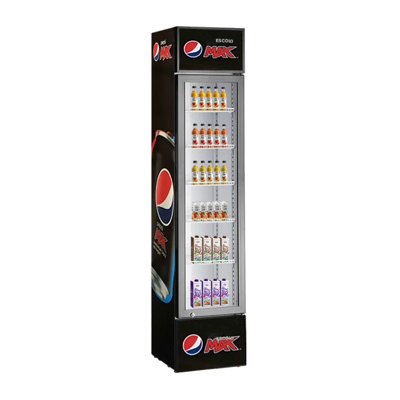 Energy Efficient Slim Cooler 220L Vertical Glass Door Display Fridge for Display Retail Drinks and Food