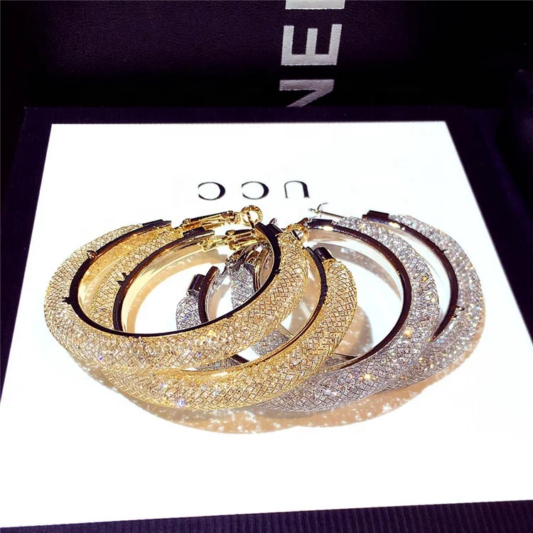 The New Silver Needle Earrings Exaggerated Trend Inlaid Rhinestone Large Circle Temperament Earring