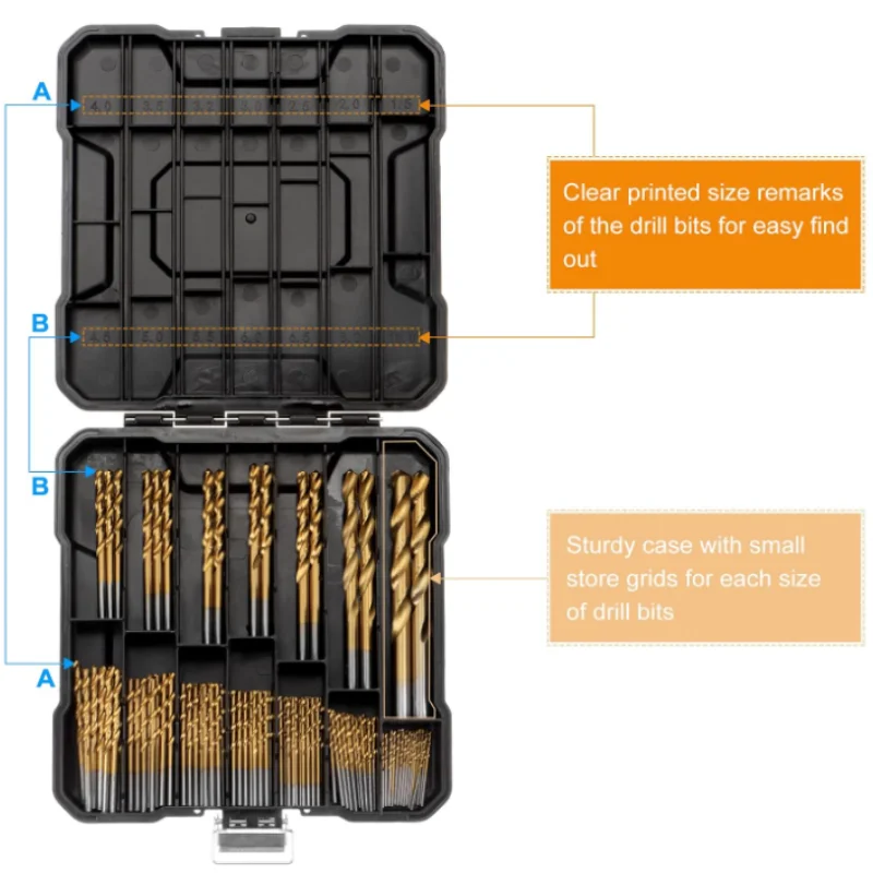 Twist Drill Bit Set 99 Pcs Titanium Coated Twist Drill Bits in 14 Sizes HSS Drill Bit Kit for Aluminum Copper Wood Plastic