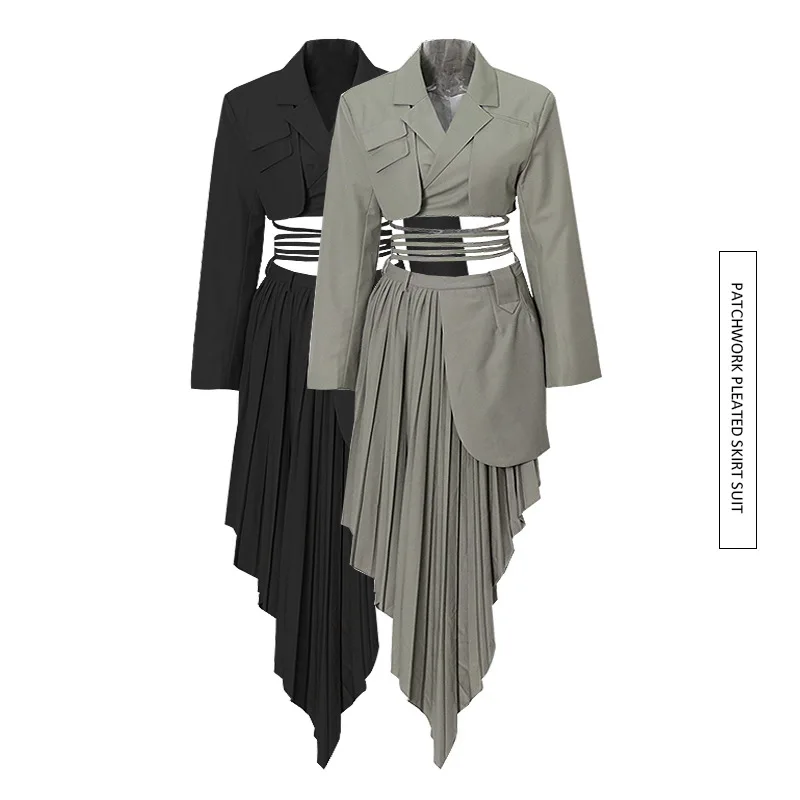New Arrivals Women Spring Fall Blazer Bandage Pleated Skirts Sets Ladies 2 Piece Skirt Set