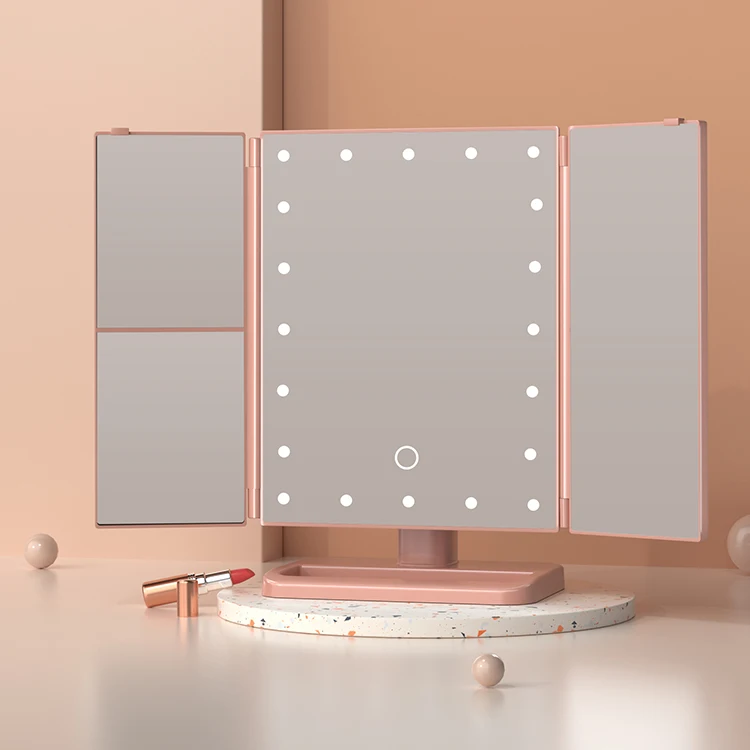 Amazon Top Seller Rose Gold 3 Way Mirror Desktop Trifold Magnified Make Up Mirror With Lights for Travel Cosmetic Mirror