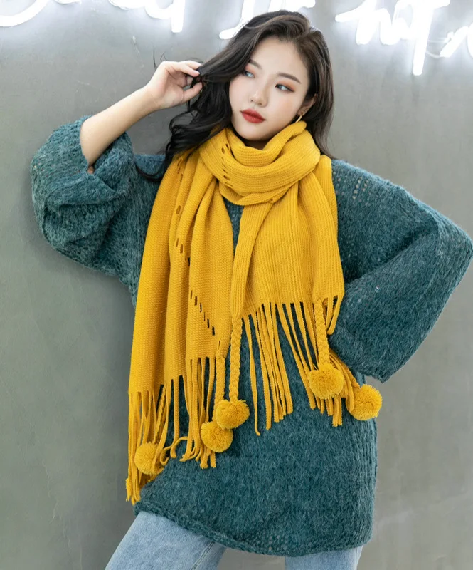 2021 New Style knitted Winter Pure Color Cashmere Pompom Tassel Acrylic shawl blanket Women Warm Scarf
