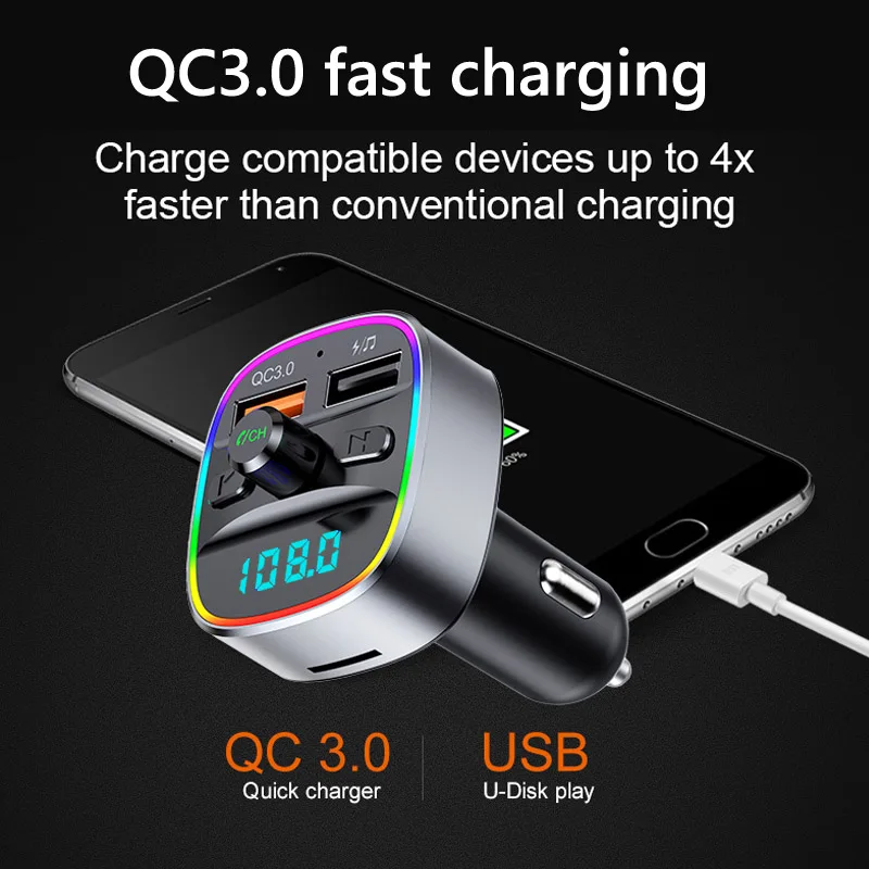 Новый красочный свет с 2 портами (стандарт Quick Charge QC3.0 автомобильное зарядное устройство Usb FM модулятор передатчик беспроводной автомобильный комплект громкой связи Bluetooth гарнитура для