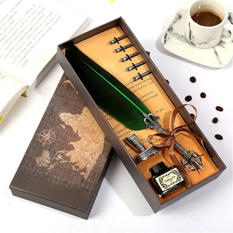 PAIPAI 1set Retro Vintage Calligraphy Feather Dip Pen Writing Ink Set Stationery Quill Fountain Pens Creative Vintage Pen