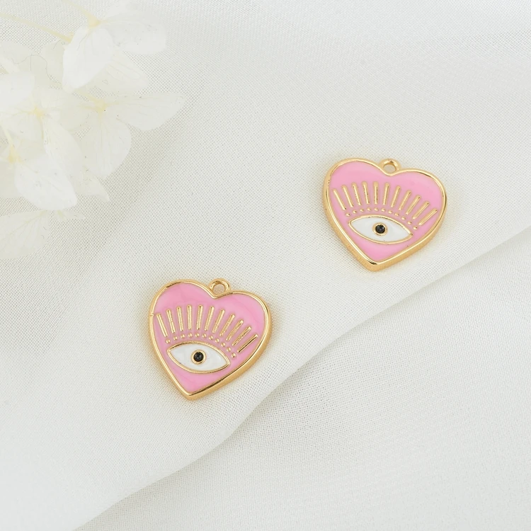 Fashion Lady Custom Jewelry Brass Pendants 14K Gold Plated Enamel Heart shape Evil Eye Red Lips Charms