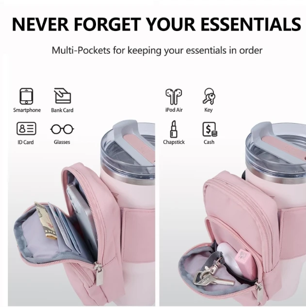 Water Bottle Carrier Bag Phone Pocket for Stanley 40 oz Tumbler Water Bottle Holder Pouch Adjustable Strap Bag