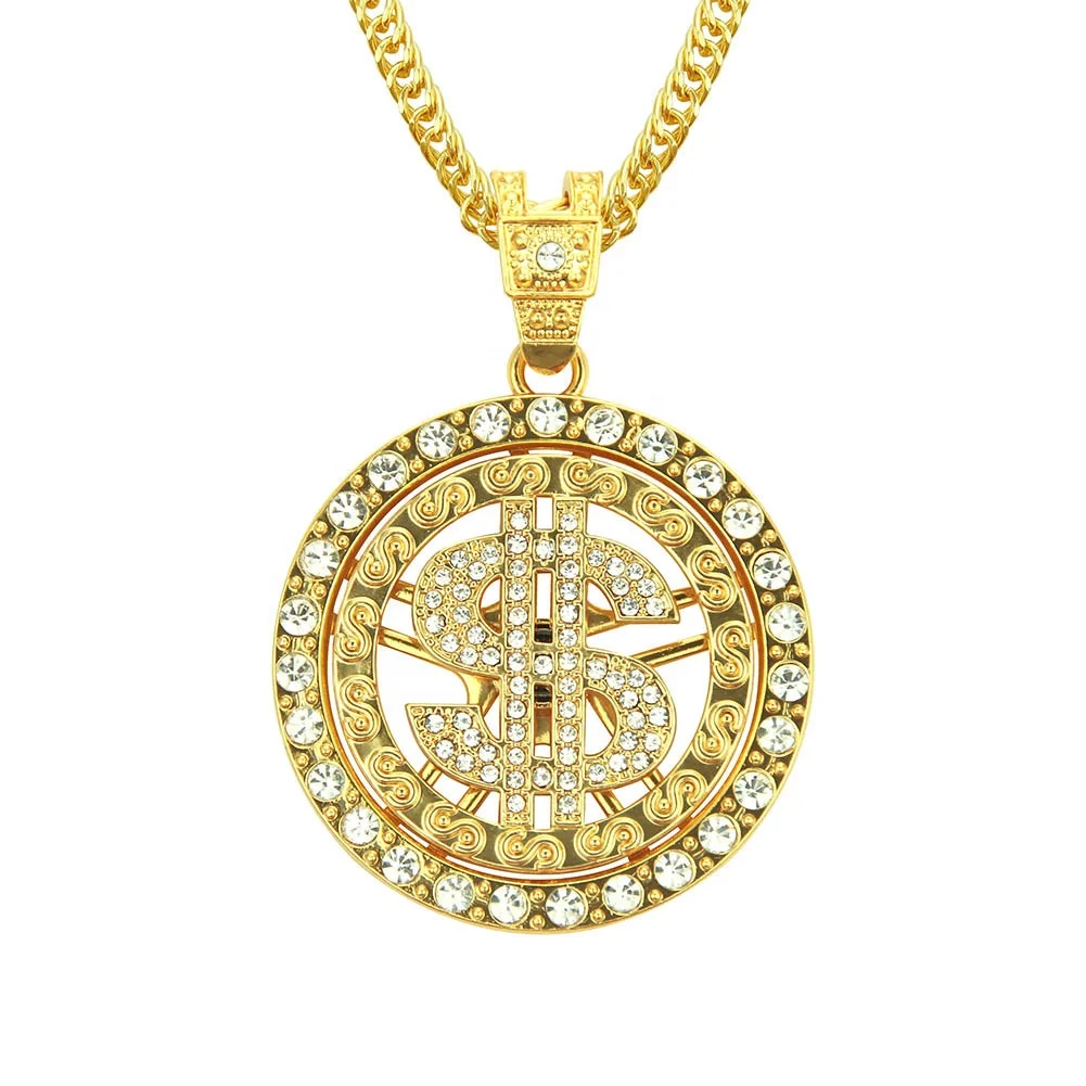 Hot Selling Hip Hop Jewelry Full Bling Rhinestone Rotatable Gold Plated Dollar Sign Pendant Necklace