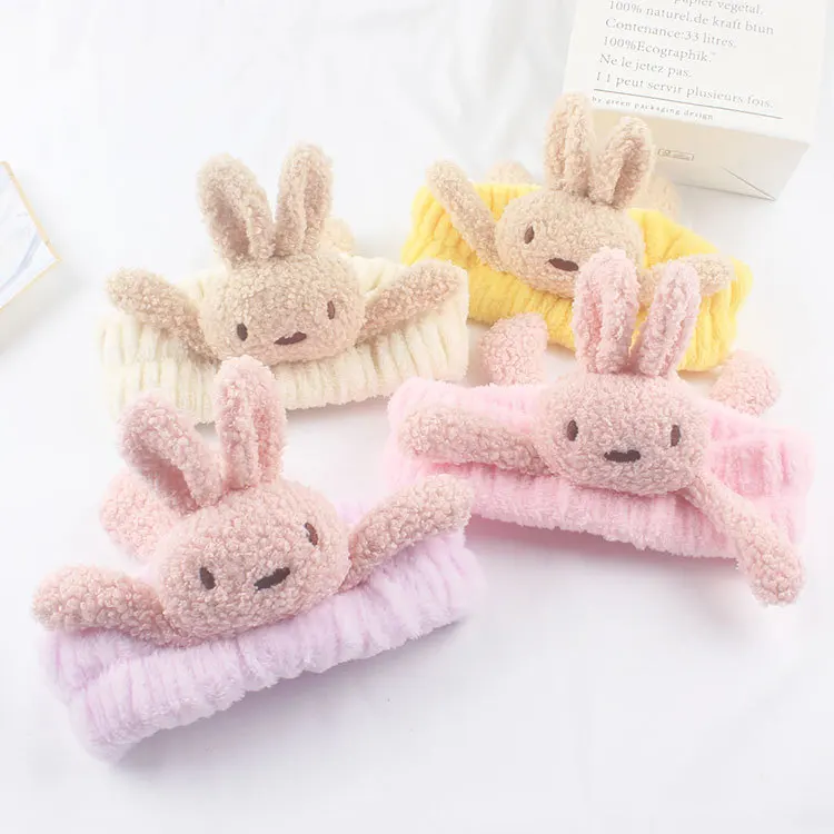 wholesale Cute Rabbit doll Soft Fleece Wash Face hair bands elastic facial spa headband Cosmetic Makeup hairband for girl woman
