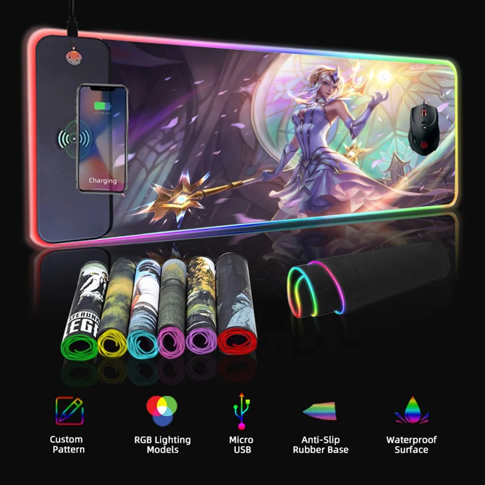Коврик для мыши без рисунка, светодиодная беспроводная зарядка, расширенный размер Xxl, игровой большой Rgb коврик для мыши с пользовательским логотипом