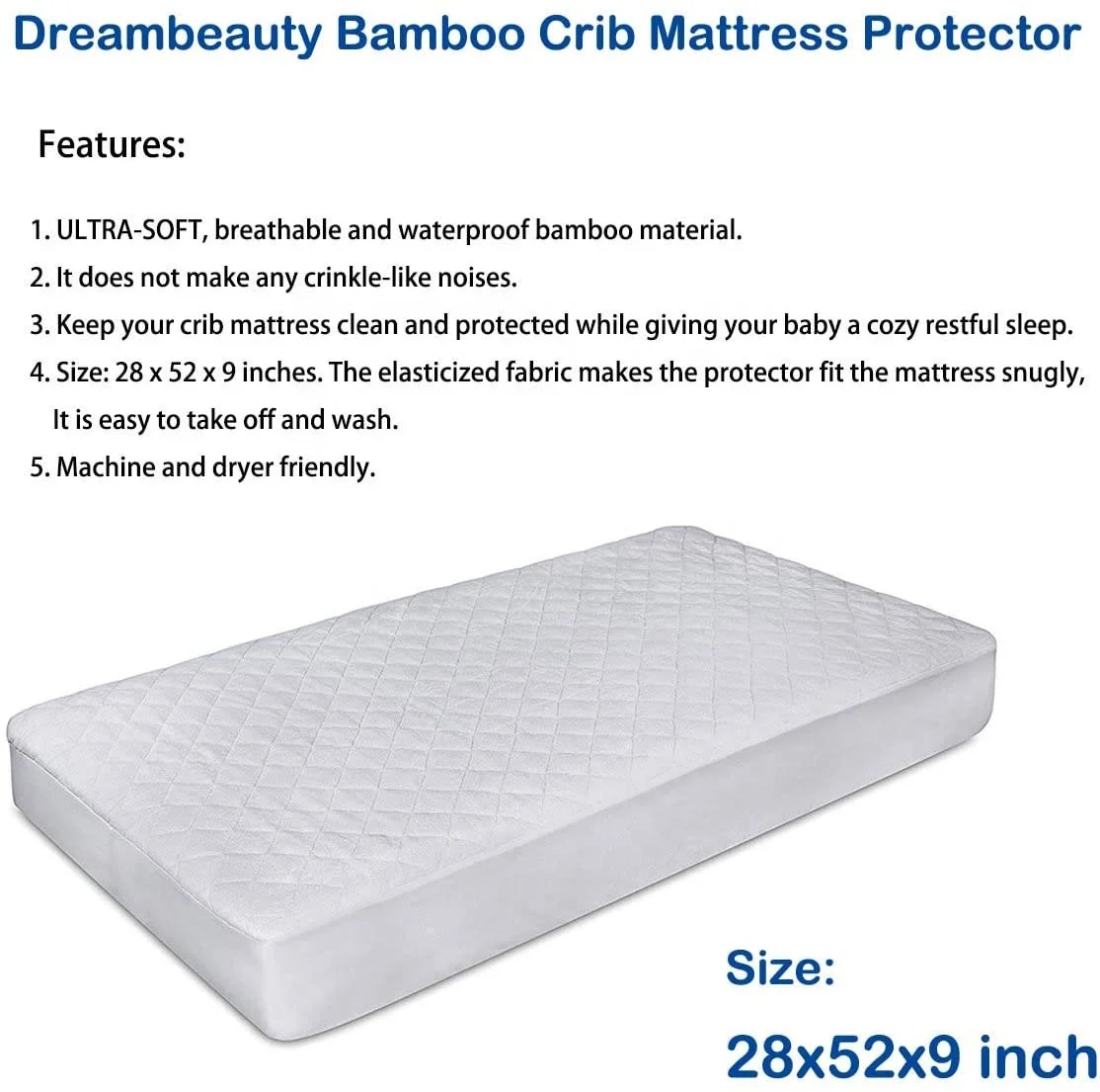 Premium  Crib Mattress Pad Bamboo Quilted Fitted Bed Sheet Bamboo Terry Waterproof Hypoallergenic Mattress Protector