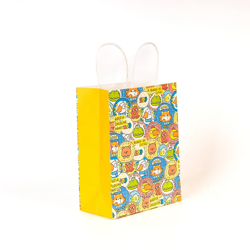 Cute Cartoon Printed Customized Kraft Paper Children Gift Shopping Bags Wholesale Tough Food Cake Drink Tote Paper Bags