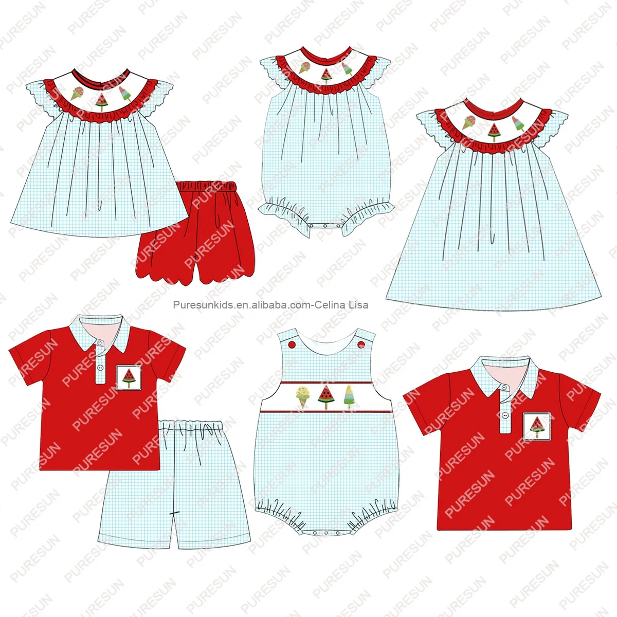 Puresun new design children swimwear scalloped ruffle-strap girl swimwear embroidery wholesale smocked kids swimwear