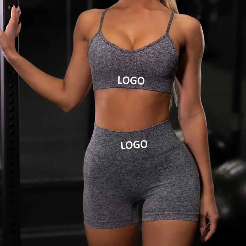 
2020 New Logo Fitness Purple Scrunch Spandex Women Sport Yoga GYM Short Biker 2 Piece Seamless Yoga Set Shorts 