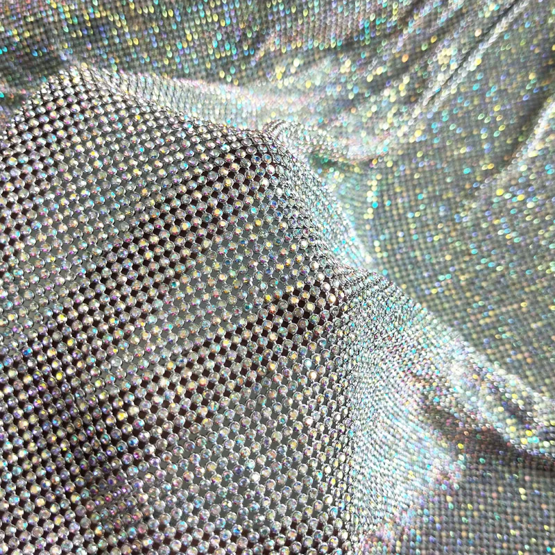 2MM Fashion Sparkling Silver Aluminum Metal Rhinestone Sheet Crystal Mesh Fabric For Garment Bags DIY