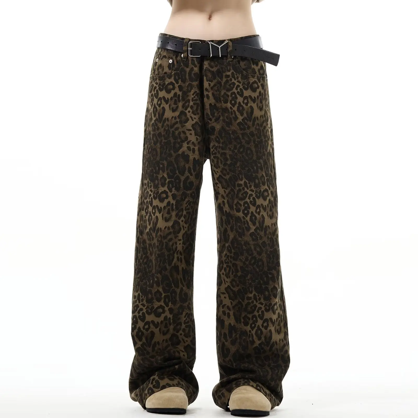 Fitspi Vintage Leopard Print Jeans Men Women Straight Loose Leisure Mop Trousers Men Wholesale