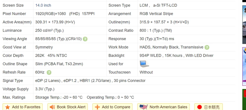 LP140WFA-SPD4 02HL712 LP140WFH-SPD3 5D11C12740 LP140WFH-SPD1 5D10Z46334 LP140WFH-SPD6 5D11F28687 LP140WFA-SPD1 LCD Screen