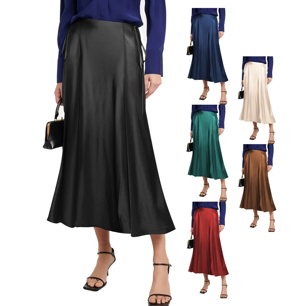 High Quality Woman Skirt Elegant Summer High Waist Fishtail Black Casual Long Silk Satin Midi Skirt