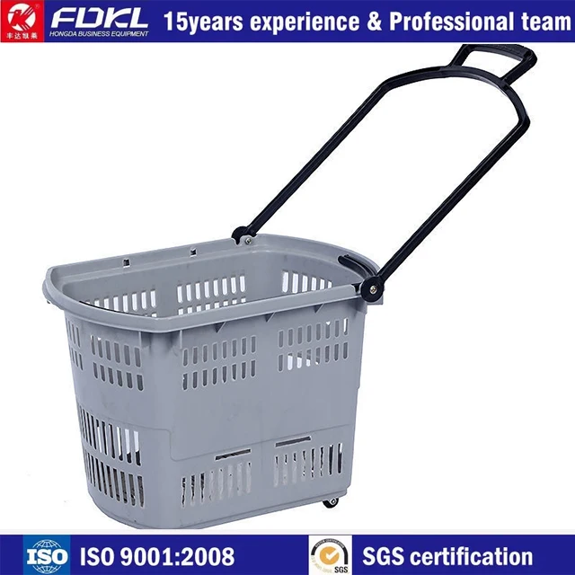 Large capacity perforated basket with castor trolley supermarket plastic cart collapsible shopping for shop