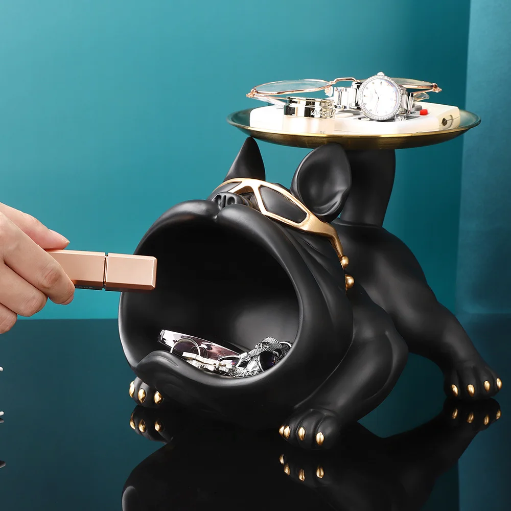 New design Cool French Bulldog Butler Decor with Tray Big Mouth Dog Statue Storage Box Animal Resin sculpture Figurine Home Deco