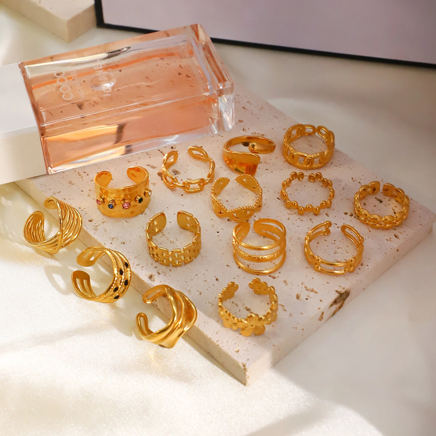 YICAI 18k Gold Link Chain Open Ring Geometric Twisted Wide Band Adjustable Cheap Stainless Steel Jewelry Ring Set For Women