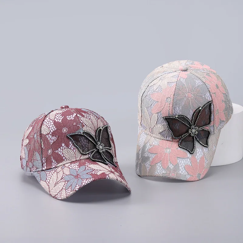 Custom Design Summer Lace Thin All The Cap Women Breathable Sun Rhinestone Butterfly Street Fashion Baseball Cap