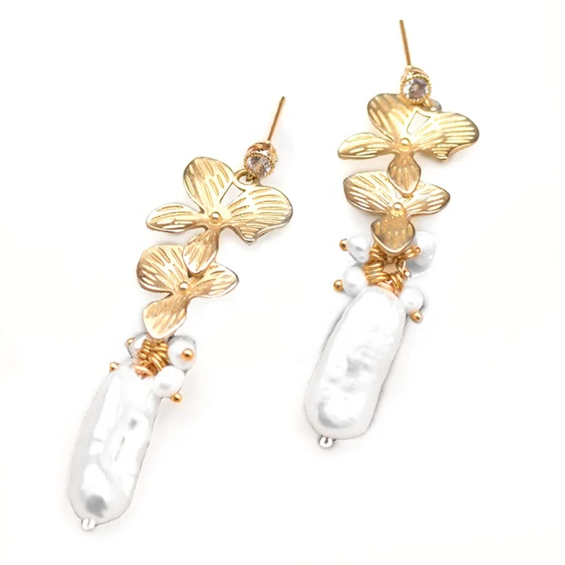 Ladies Vintage Pearl & Leaf Gold-Plated Copper Earrings - Bohemian Jewelry