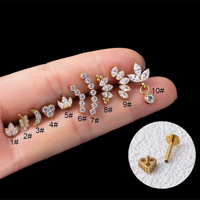 DMSH G23 Titanium Earrings ASTM F136 Jewelry Piercing Flower leaf Gold  Cartilage Earring Flat Back Earrings Lip Ring