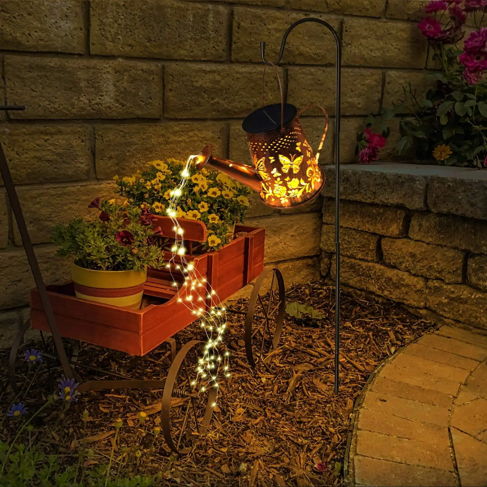 Custom Butterfly-Type Metal Solar Watering Can Light Outdoor Decorative Hanging Garden Lantern 6 Twinkle LED String Cascading