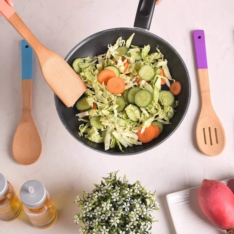 Wholesale Kitchen Utensils Kitchen Bamboo Utensils Spatula Spoon Set with Color Handle