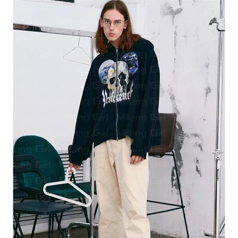 Wholesale high quality customize full zip up unisex rhinestone men skeleton hoodie