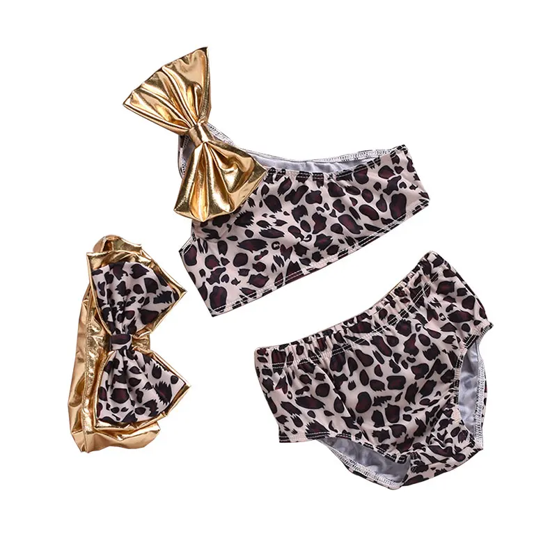 Leopard swimwear for baby girls with bow 3pcs/set swimsuit