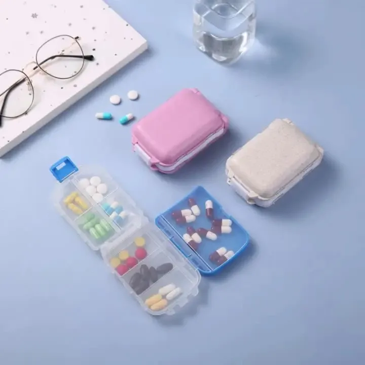 Portable Travel Medicine Pill Storage Case Weekly Pill Plastic Wheat Straw with 3 Compartments 7 day & 4 times pill organizer we
