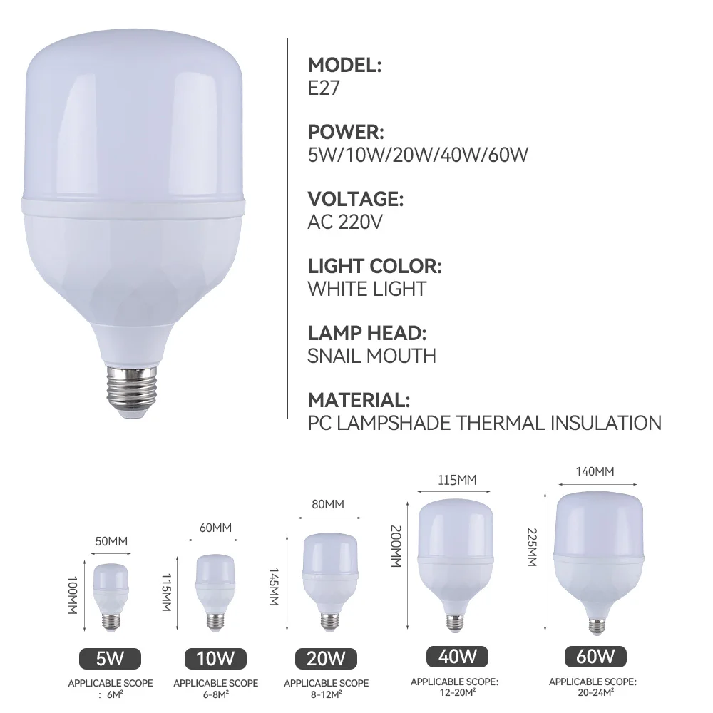 Dusty-proof Bombillo Led Bulb E27 Light for Home Court Easy Install Mosquito Waterproof AC220V 5W 10W 20W 40W 60W PC White AC 80