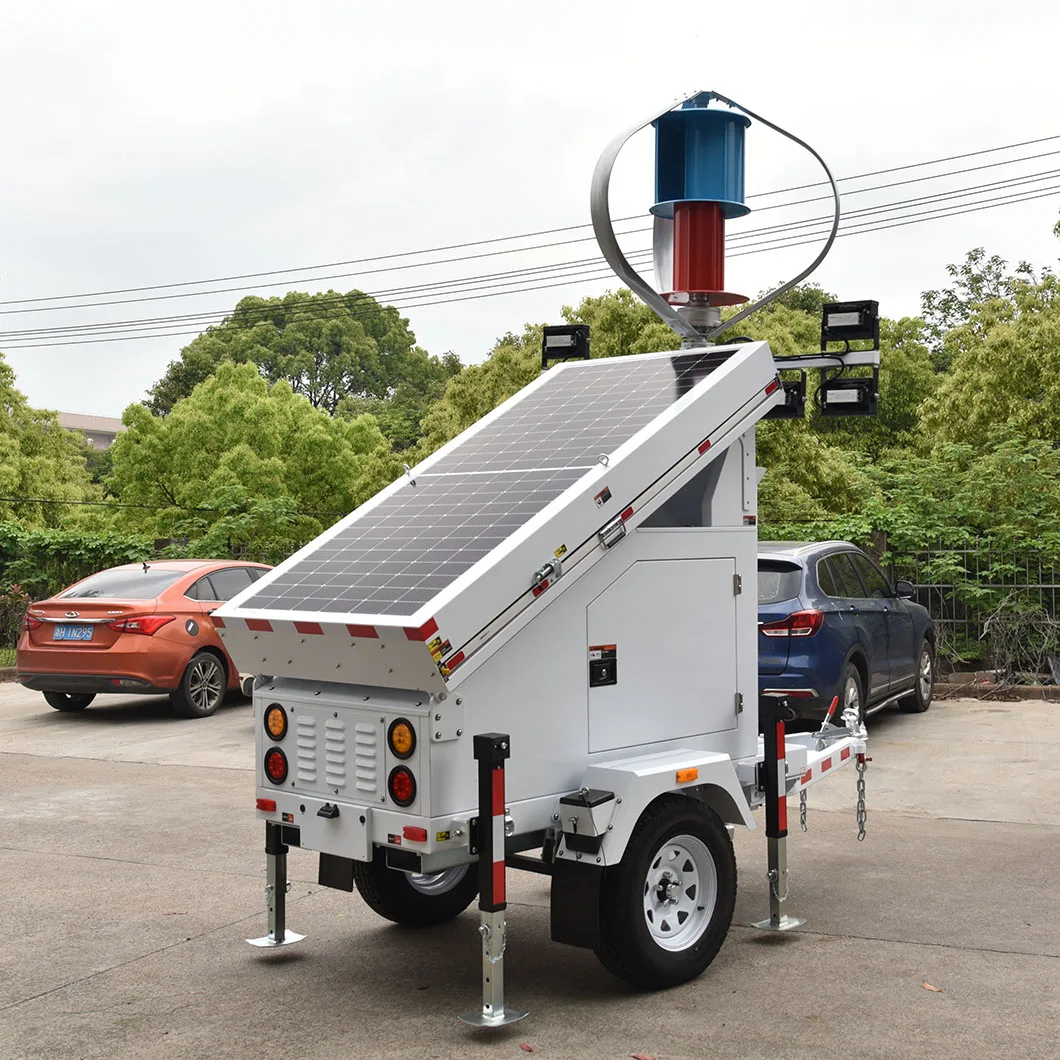 Mobile wind and solar power lighting tower trailer