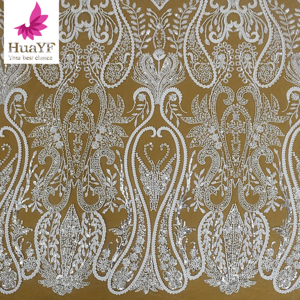HY2348 Super gorgeous french heavy white embroidery wedding beaded glass pearls lace with sequins bridal dress fabric