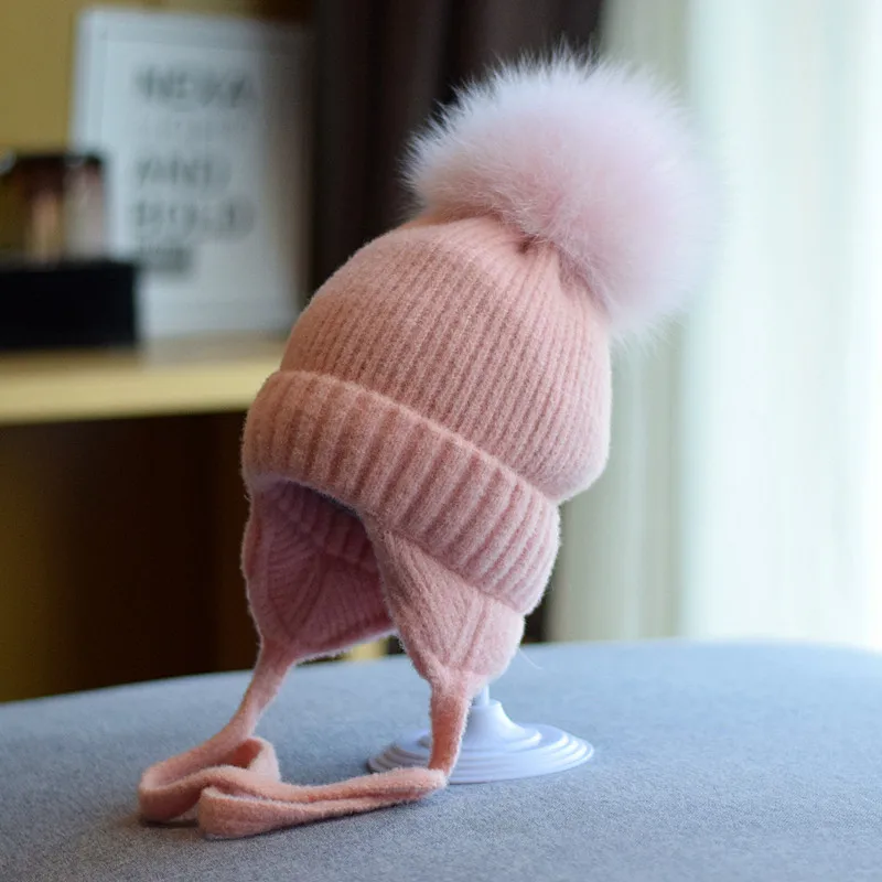 2023 Children Winter Cap New Fashion Wool Windproof Warm EarFlaps Cotton Cute Knitted Cashmere Hat With Pompoms