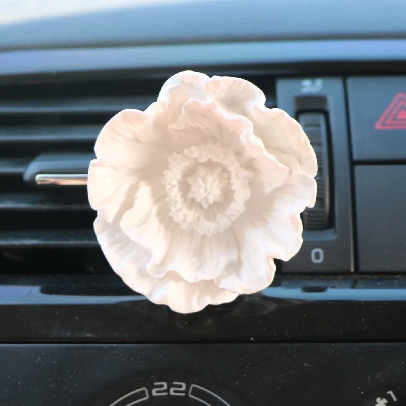 FinRu Factory Wholesale Stocked White Poppy Flower Shaped Ceramic Fragrance Essential Oil Diffuser Car Vent Clip Air Freshener