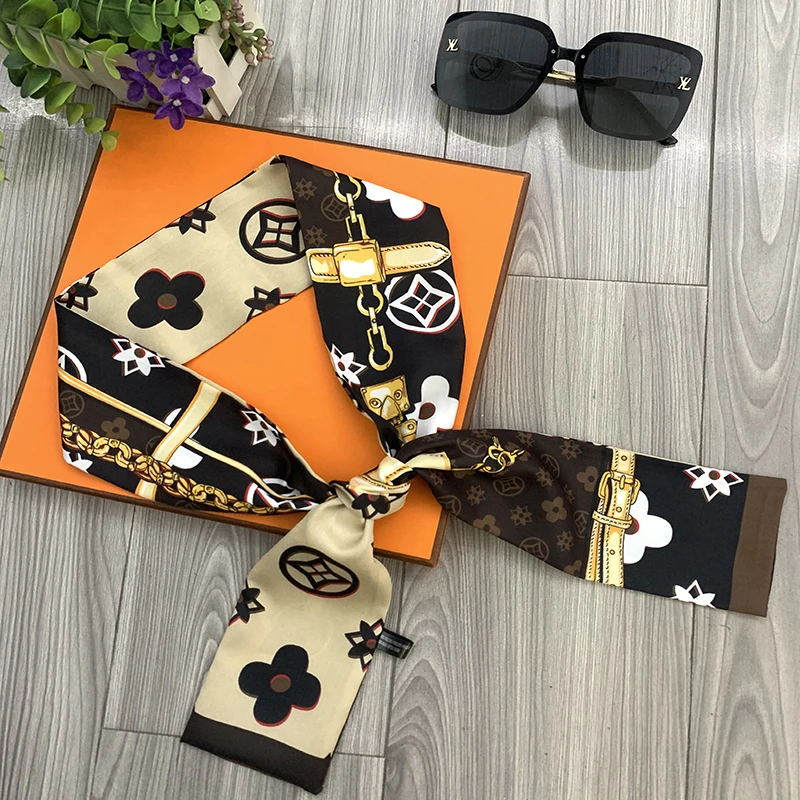 Оптовая продажа, классические персонализированные шарфы с ручкой для сумки, маленькая повязка для волос, ленточные цепи, Шелковый узкий шарф