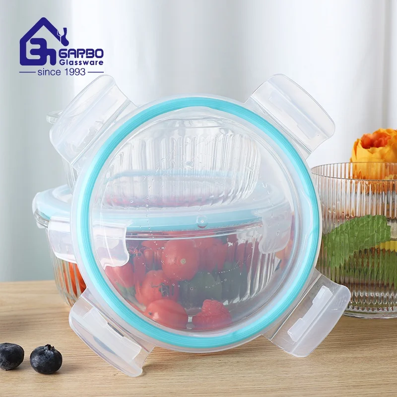 400ml 620ml 950ml Stripe design Wholesale Storage  Lunch Box High Borosilicate Glass Food Container With Locking Lid