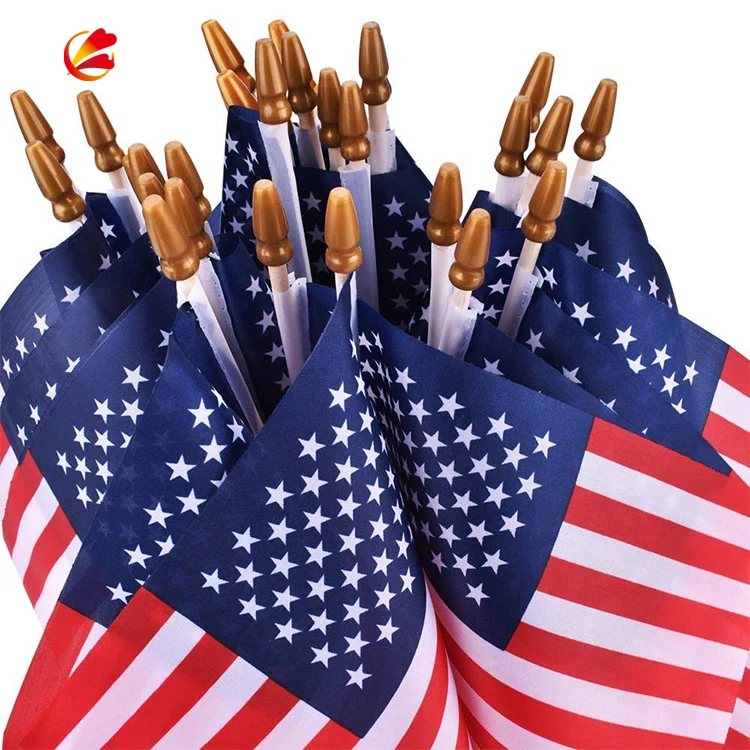 Small/Mini American Flags on Stick 5x8 Inch Handheld US Flags decor American Hand Held Stick Flags Spear Top Veteran Party