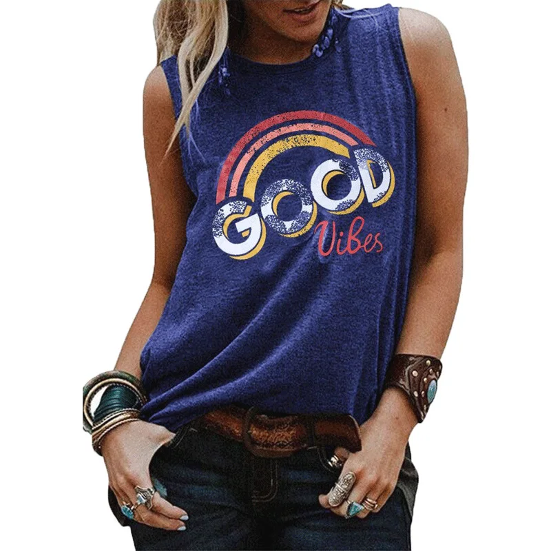 Женская Винтажная футболка без рукавов, Повседневная футболка с графическим рисунком, майка Good Vibes Rainbow