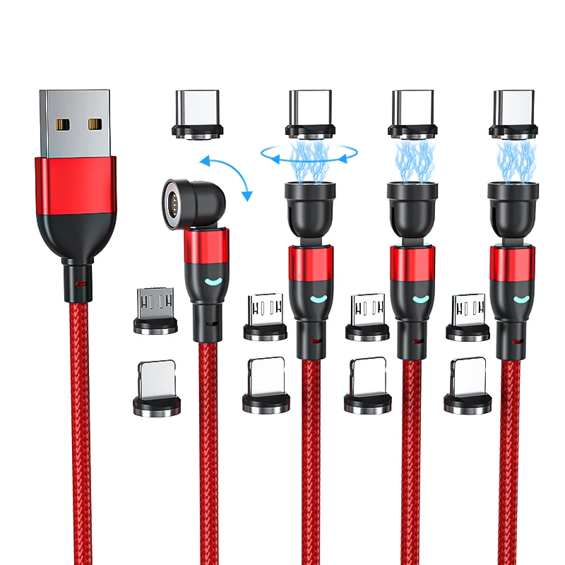 2023 new upgrade 3A fast charging magnetic 3in1 charging cable data transfer cable type c micro heads 540 rotation LED cables