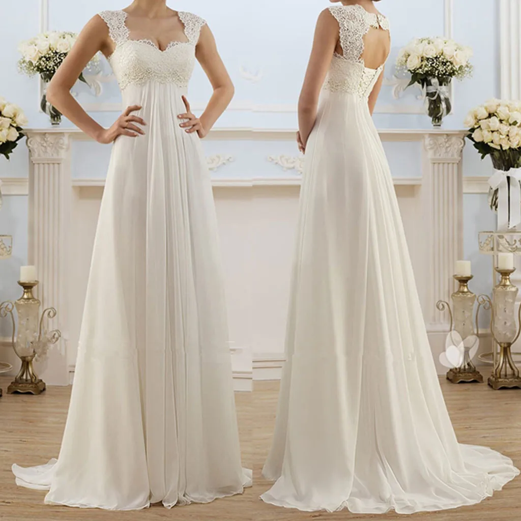  Plus Size Lace Tulle Spliced Slim Ladies Strap Square Neck Backless A Line Wedding
