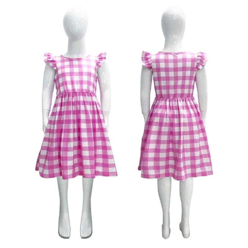 Halloween Girls Pink Plaid Dress for Kids Cosplay Costumes with bag 3-14 Year