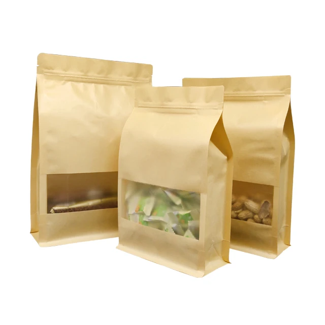 Food Grade Bolsas Sealable Zipper Top Nuts Cookie Grain Flat Bottom Kraft Paper Bags for Tea Packaging with window