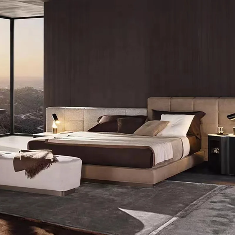 Italy Lawrence widescreen master bedroom frosted leather queen bed, villa bedroom furniture, solid wood soft bed