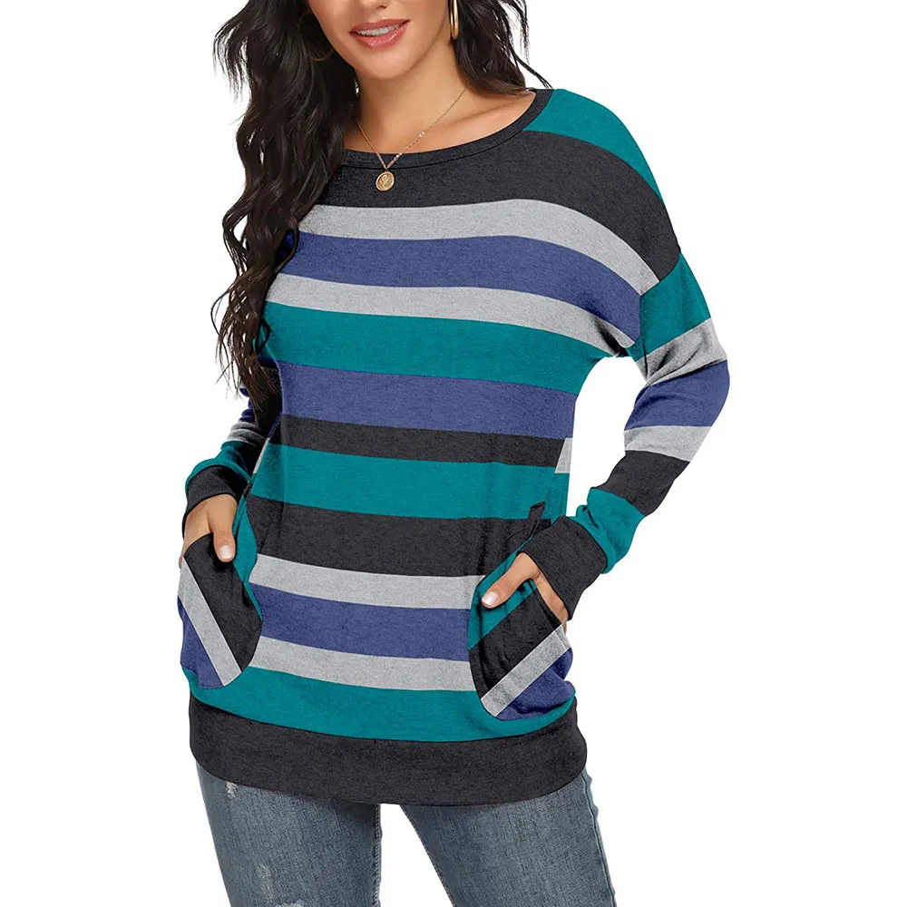 Shinesia женские футболки больших размеров с длинным рукавом, в цветную полоску; 2 боковых кармана свободные легкие модные повседневные футболки на заказ
