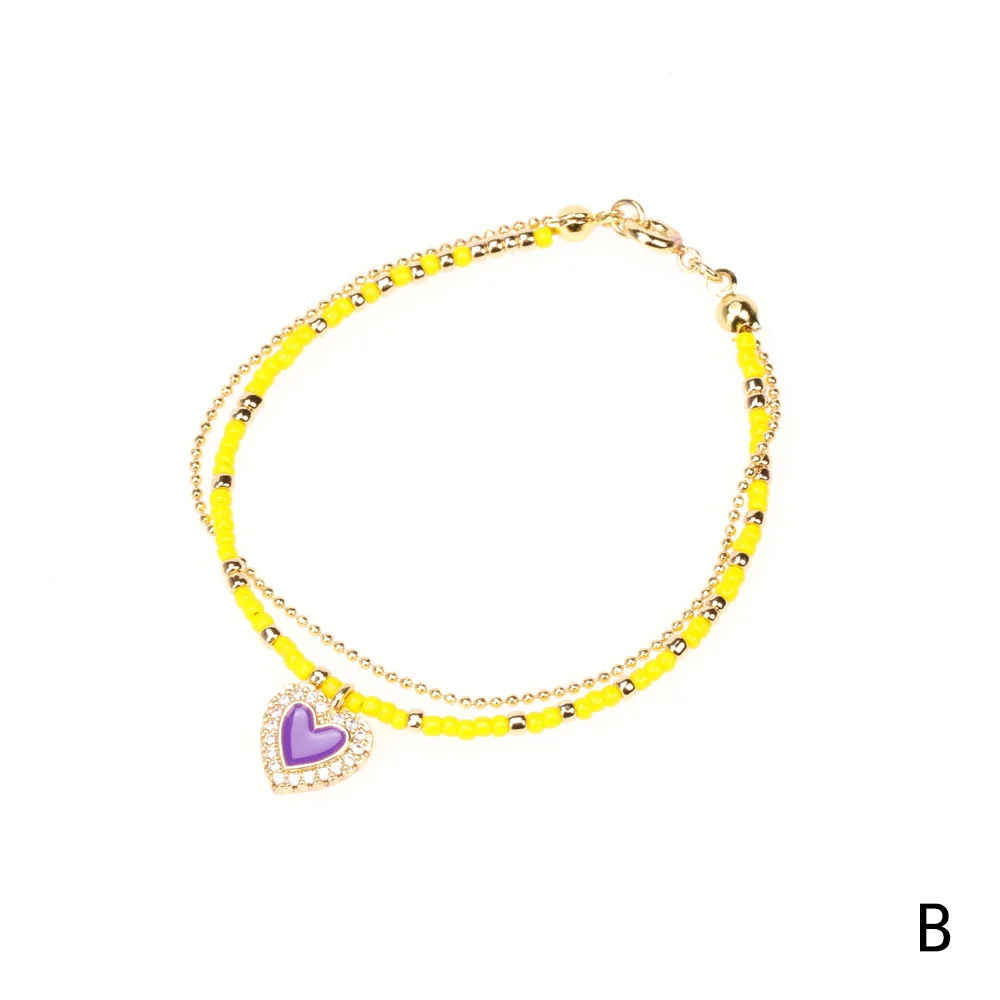 Fashion Cute CZ Micro Paved Double Layers Miyuki Rice Bead Chain Bracelet Glass Beads Rainbow Enamel Love Heart Charm Bracelet