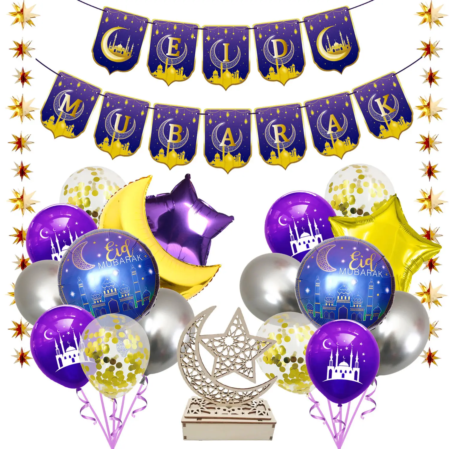 Ramadan Eid Mubarak Paper Banner Letter Balloons Ramadan Light Decoration Moon Star Spiral Hanging Decoration