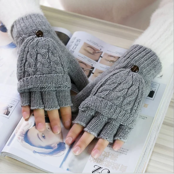 2022 hot sales ylm lovely japanese Dinosaur Glove Woman Winter Thickening and warmth Cartoon knit cotton Plush half finger glove